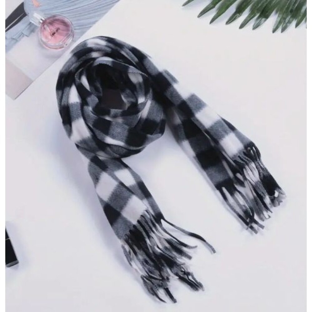 Fleece Scarf Black and White Check 12x57in Soft